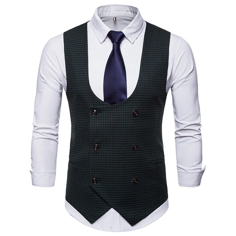 Cotton Chalecos Hombre Casual Double Breasted Men Vest Waistcoat Formal Plaid Suit Vest Men