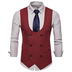 Cotton Chalecos Hombre Casual Double Breasted Men Vest Waistcoat Formal Plaid Suit Vest Men
