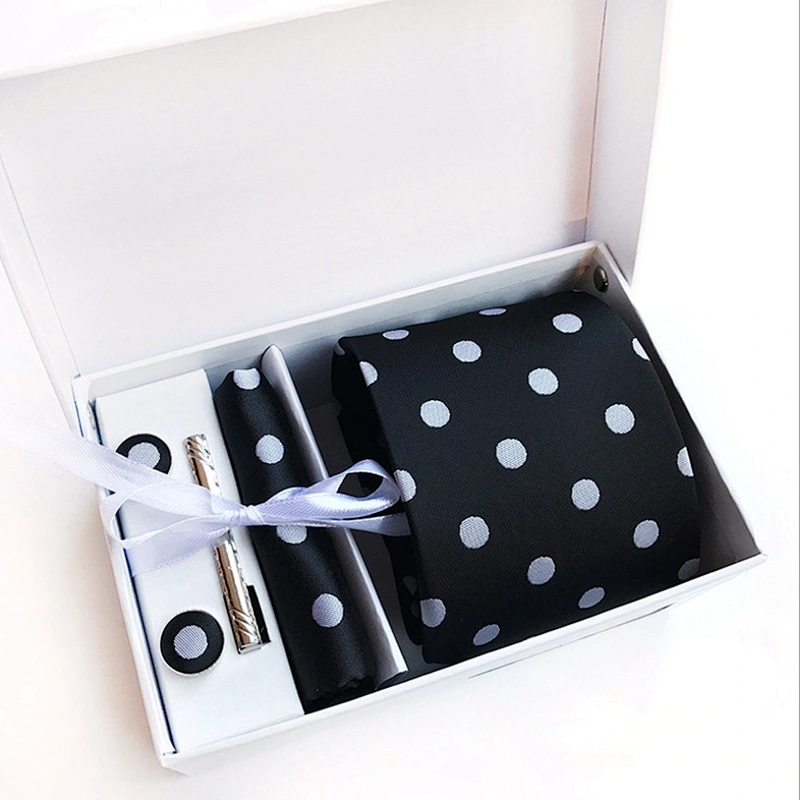 Custom Men Ties and Hanky Set Fashion Dot Neckties with Pocket Squares Tie Clip Pocket Square and Cufflink Set Gift Box