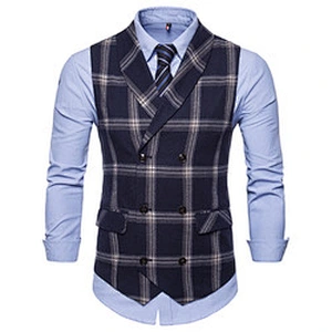 Formal Men Vest Waistcoat Blue Casual Gilet Vest Double Breasted Cotton Lattice Suit Vest Men