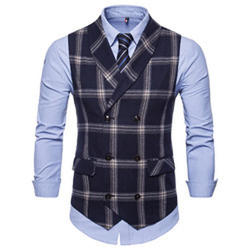 Formal Men Vest Waistcoat Blue Casual Gilet Vest Double Breasted Cotton Lattice Suit Vest Men