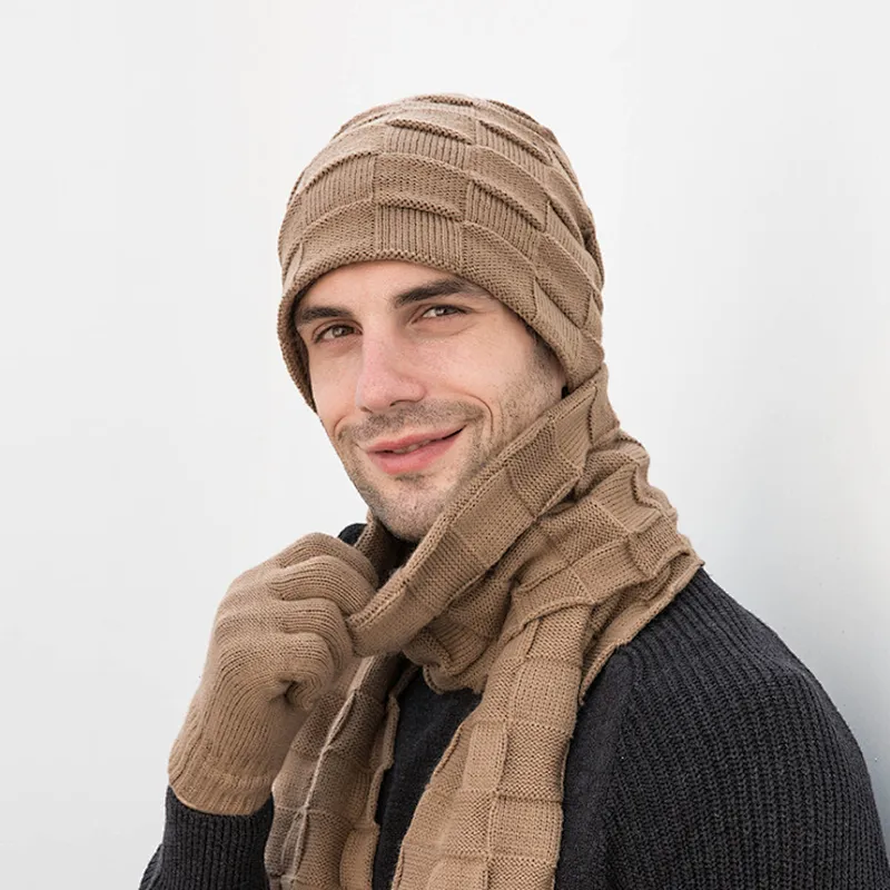 New Arrival Men Winter Warm Knit Beanie Hat Cap and Scarf Gloves 3 piece Set