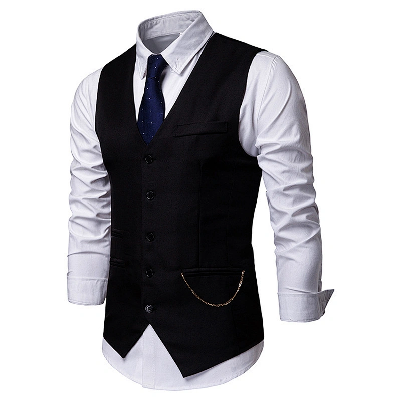 Casual Men Vest Waistcoat Formal Single Breasted Suit Vest Men Solid Cotton Chalecos Para Hombre With Chains