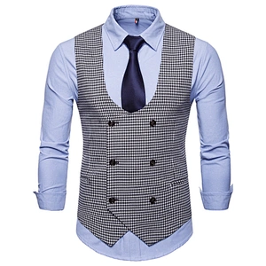 Cotton Chalecos Hombre Casual Double Breasted Men Vest Waistcoat Formal Plaid Suit Vest Men