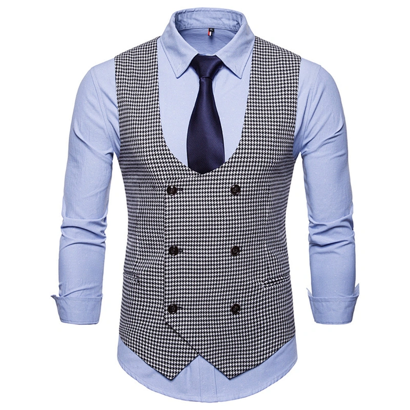 Cotton Chalecos Hombre Casual Double Breasted Men Vest Waistcoat Formal Plaid Suit Vest Men
