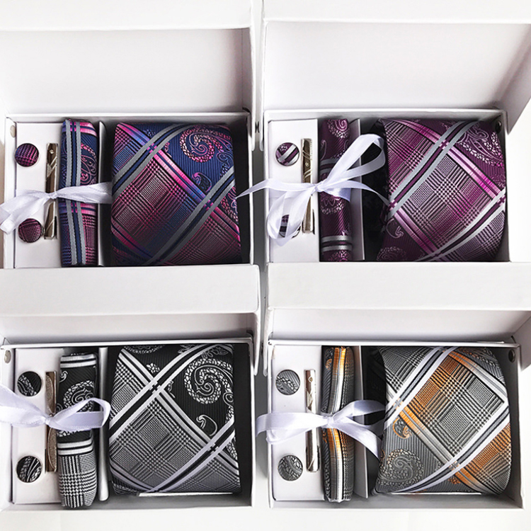 Custom Neckties with Pocket Squares Casual Grid Men Ties and Hanky Set Tie Clip Pocket Square and Cufflink Set Gift Box