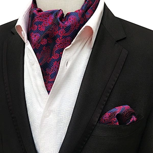 Classic Cravat Fashion Paisley Folard Mens Ascot Polyester Handkerchief for Men Jacquard Woven Hanky Set