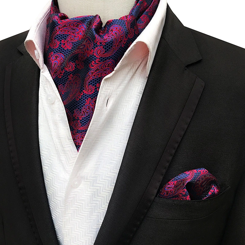 Classic Cravat Fashion Paisley Folard Mens Ascot Polyester Handkerchief for Men Jacquard Woven Hanky Set