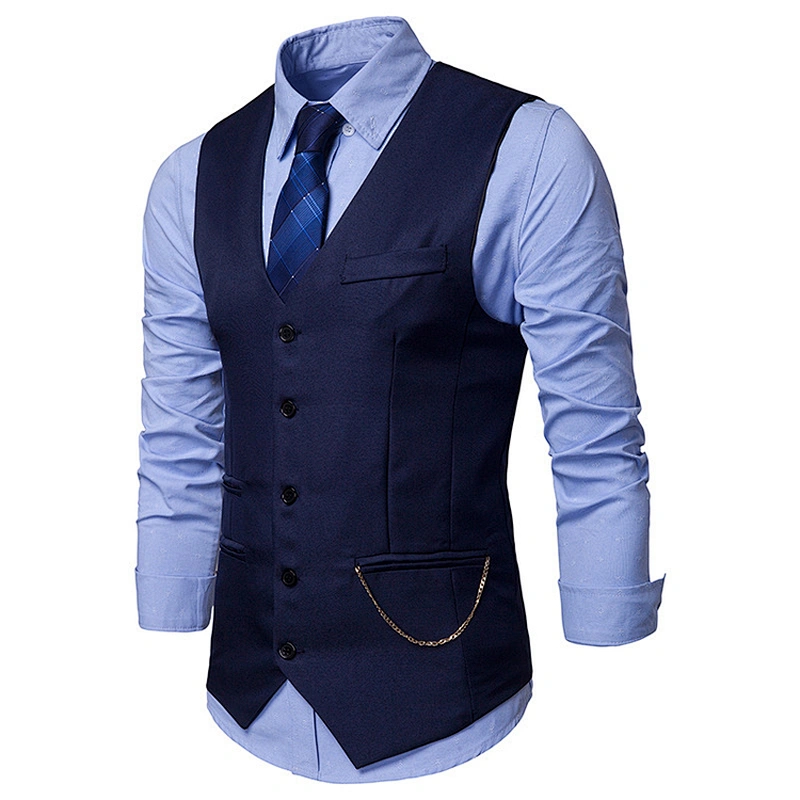 Casual Men Vest Waistcoat Formal Single Breasted Suit Vest Men Solid Cotton Chalecos Para Hombre With Chains