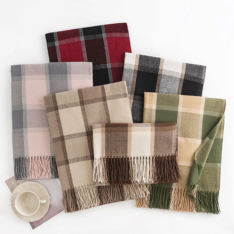 New Designer Warm Soft Pashmina Neck Scarves Shawl Blanket Ladies Plaid Tassel Cashmere Winter Scarf for Women