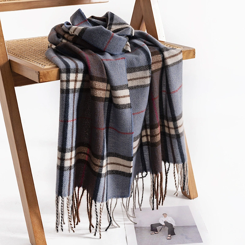 Custom Soft Classic Cashmere Feel Plaid Check and Solid Winter Scarf for Men Women