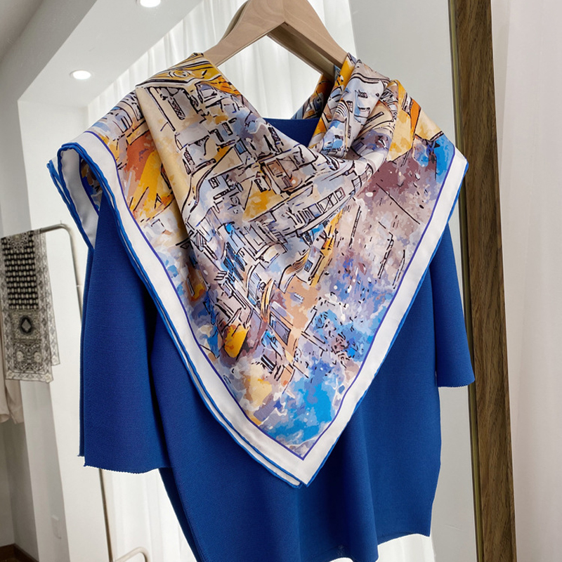 Wholesale silk scarf custom printing logo women 90*90cm large square twill silk scarf shawl silk scarves