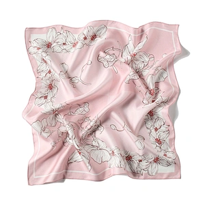 Wholesale Designer Shawls Pink Color Floral Square Scarves Custom Women Printing Silk Scarf 68X68CM