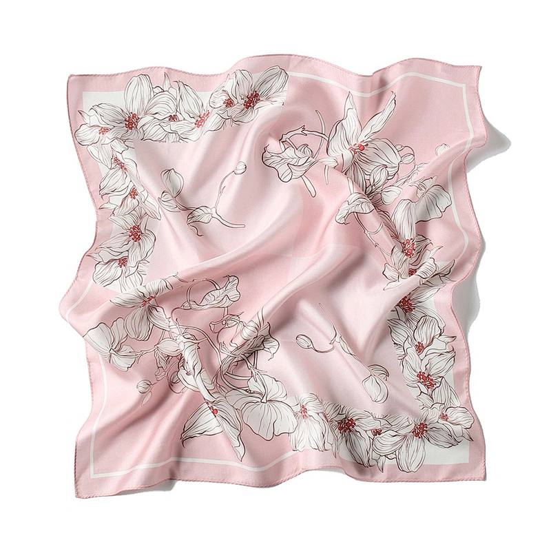 Wholesale Designer Shawls Pink Color Floral Square Scarves Custom Women Printing Silk Scarf 68X68CM