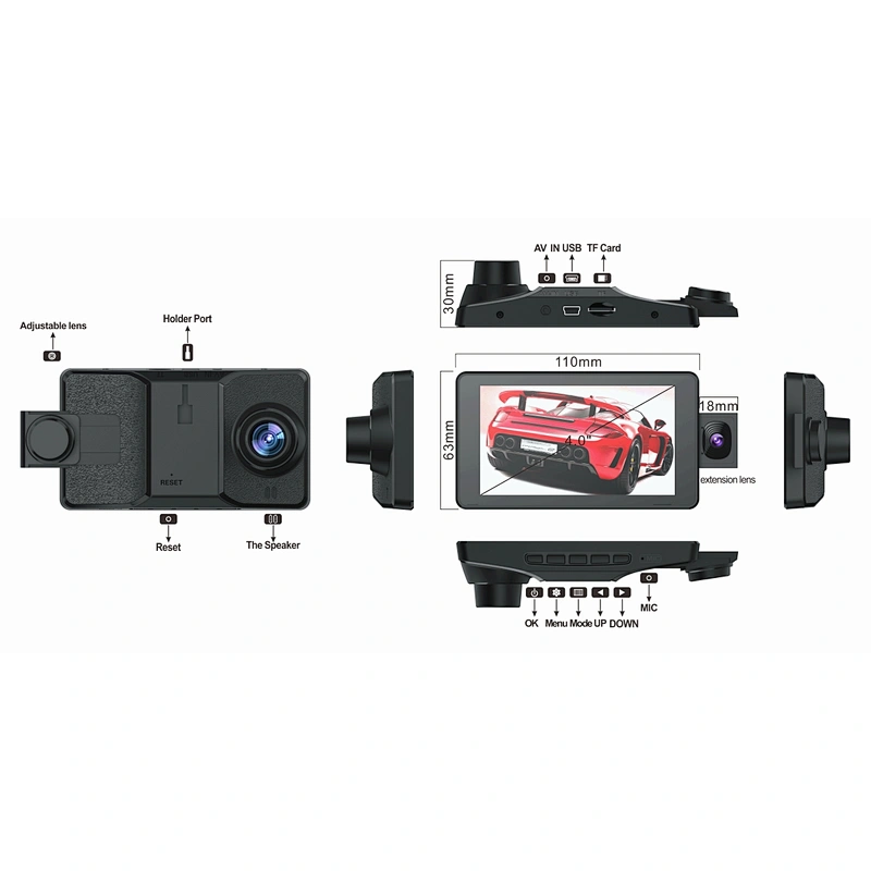 Трехблочная 4,0-дюймовая FHD 1080P видеорегистратор с IPS-дисплеем