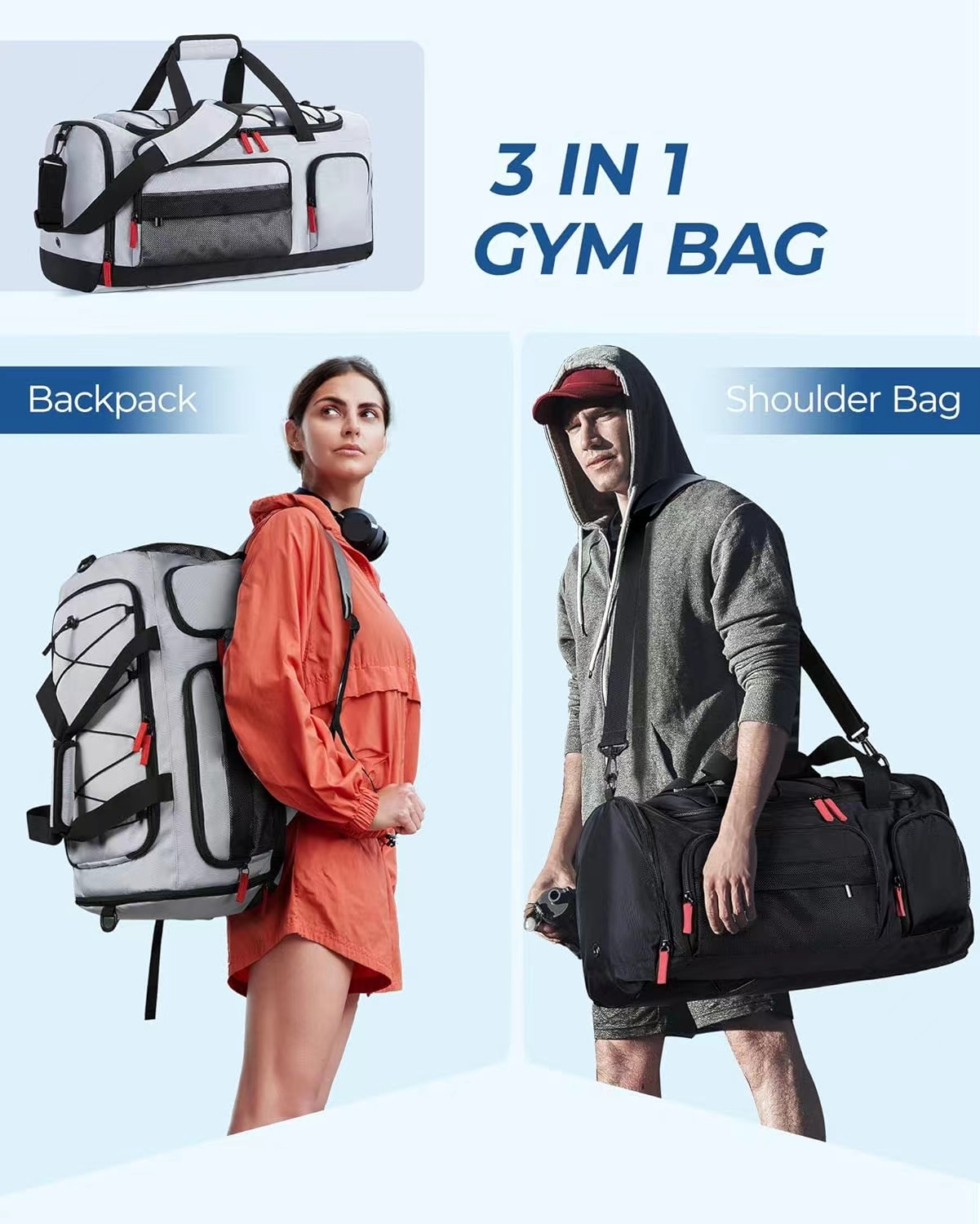 Discover the perfect 3 in 1 expandable luggage bag - your ultimate plane carry-on Bag! Our gym backpack for men offers three-in-one versatility: