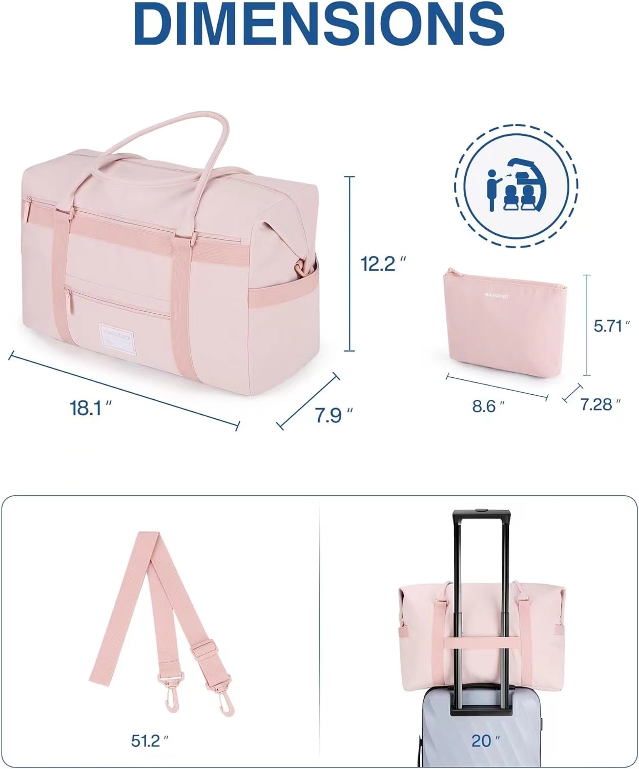 The women's travel bag measures 18.11 by 7.9 by 12.2 inches and can accommodate a laptop up to 15.6 inches. The small makeup bag measures 8.66 x 7.28 x 5.71 inches.