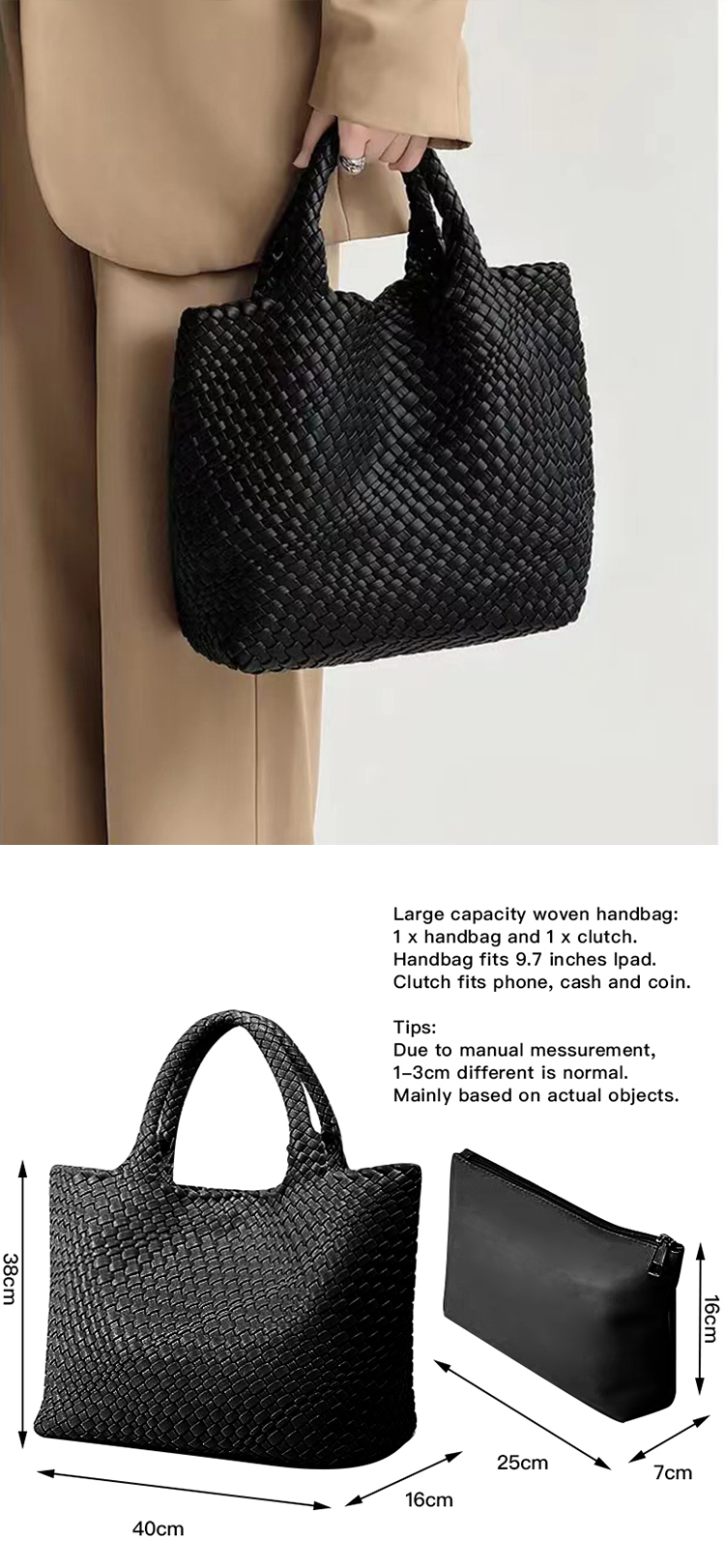 Explore the practical design of the woven leather bag, perfect for outdoor adventures.
