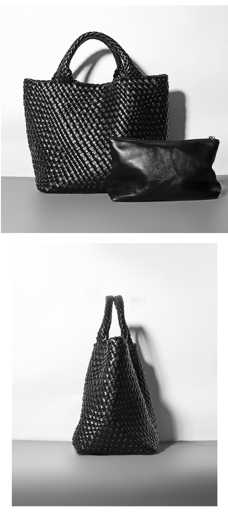 Explore the practical design of the woven leather bag, perfect for outdoor adventures.