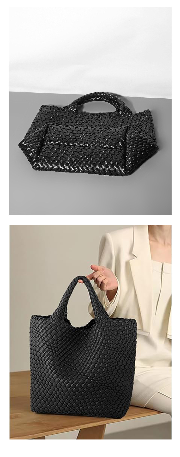 Explore the practical design of the woven leather bag, perfect for outdoor adventures.