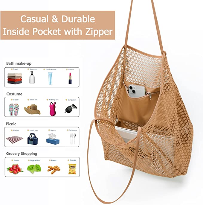 Our mesh tote bag with zipper is perfect for your beach outings.