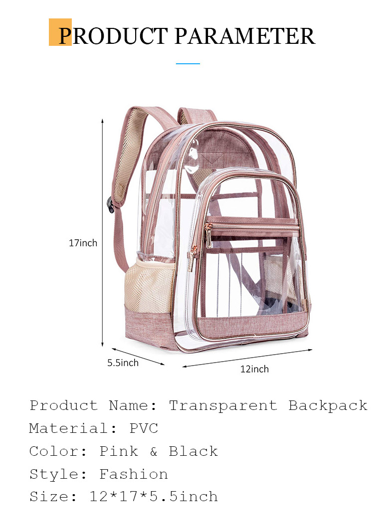 Stand out with our pink clear backpacks, a perfect blend of style and functionality. These clear book bags are ideal for school, events, or travel, offering easy visibility and a trendy look.