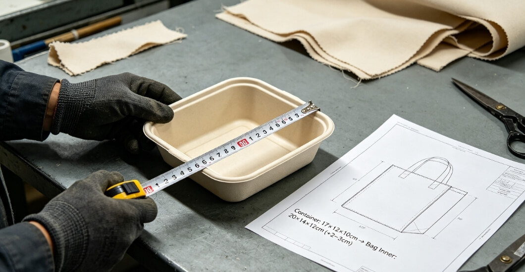 takeout bag factory sampling, measuring food container to calculate proper inner dimension for takeout bag