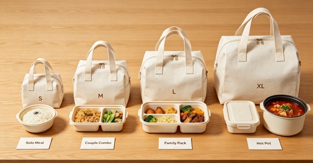 takeout bag size comparison S M L XL, natural kraft fabric takeout bags matched with different food containers