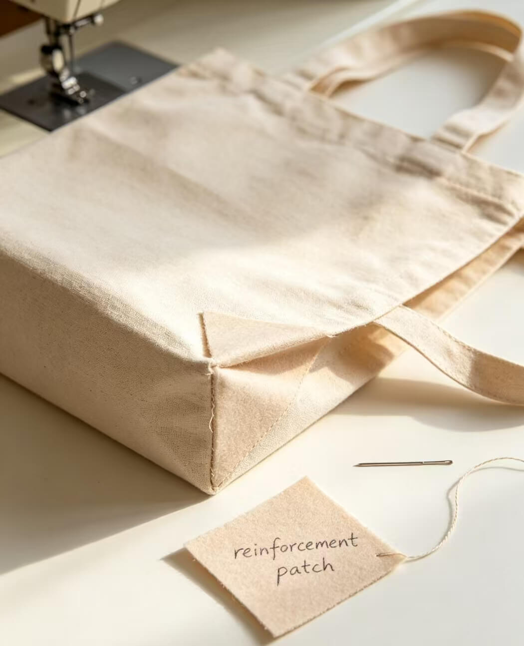 Reinforcement patch strengthens stress points of tote bag boxed corners for durability.