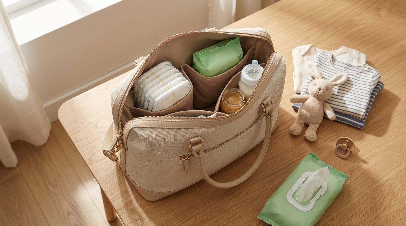 A baby bag and diapers neatly organized with wipes, spare clothes, and bottles for stress free outings.