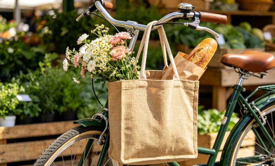 jute canvas bags, jute canvas tote hanging on bike handlebar, weekend market day, fresh flowers and baguette, natural woven tote bag