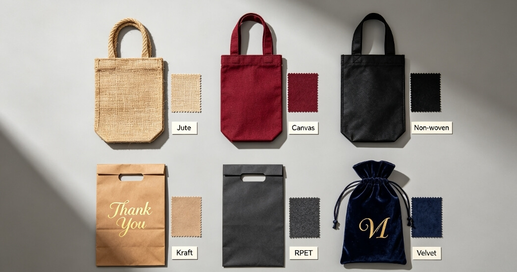 wine gift bag material samples flat lay, jute canvas non‑woven kraft RPET velvet custom wine carrier