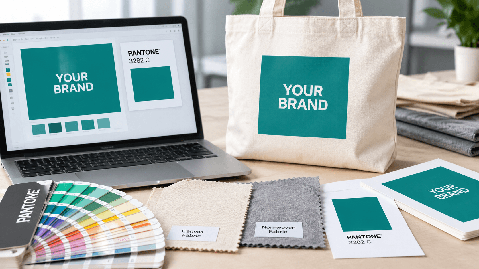 Trade show bags color matching with Pantone and fabric samples.