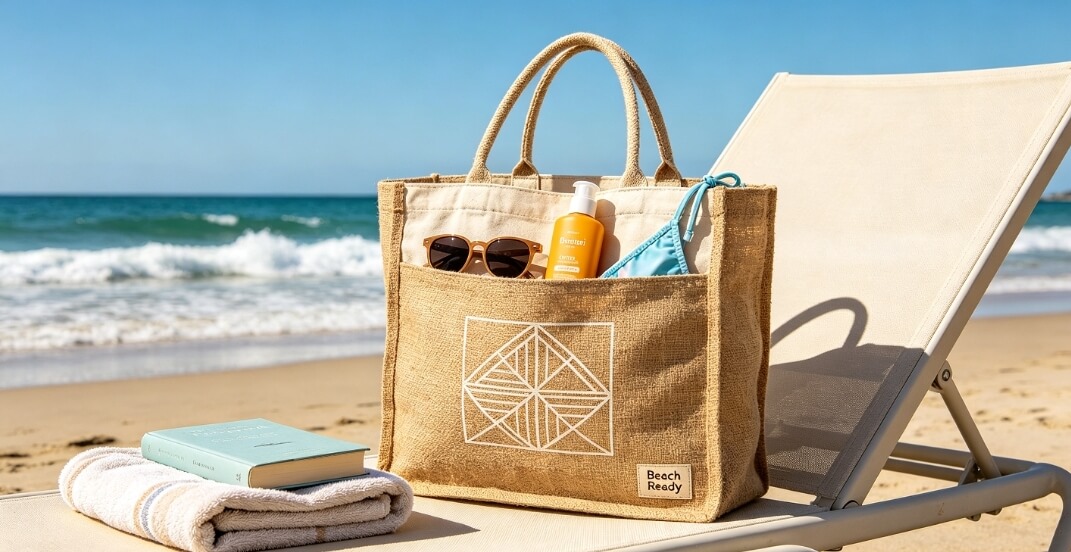 jute canvas bags, waterproof lined jute canvas tote on beach lounge chair, seaside travel woven bag, beach ready accessory