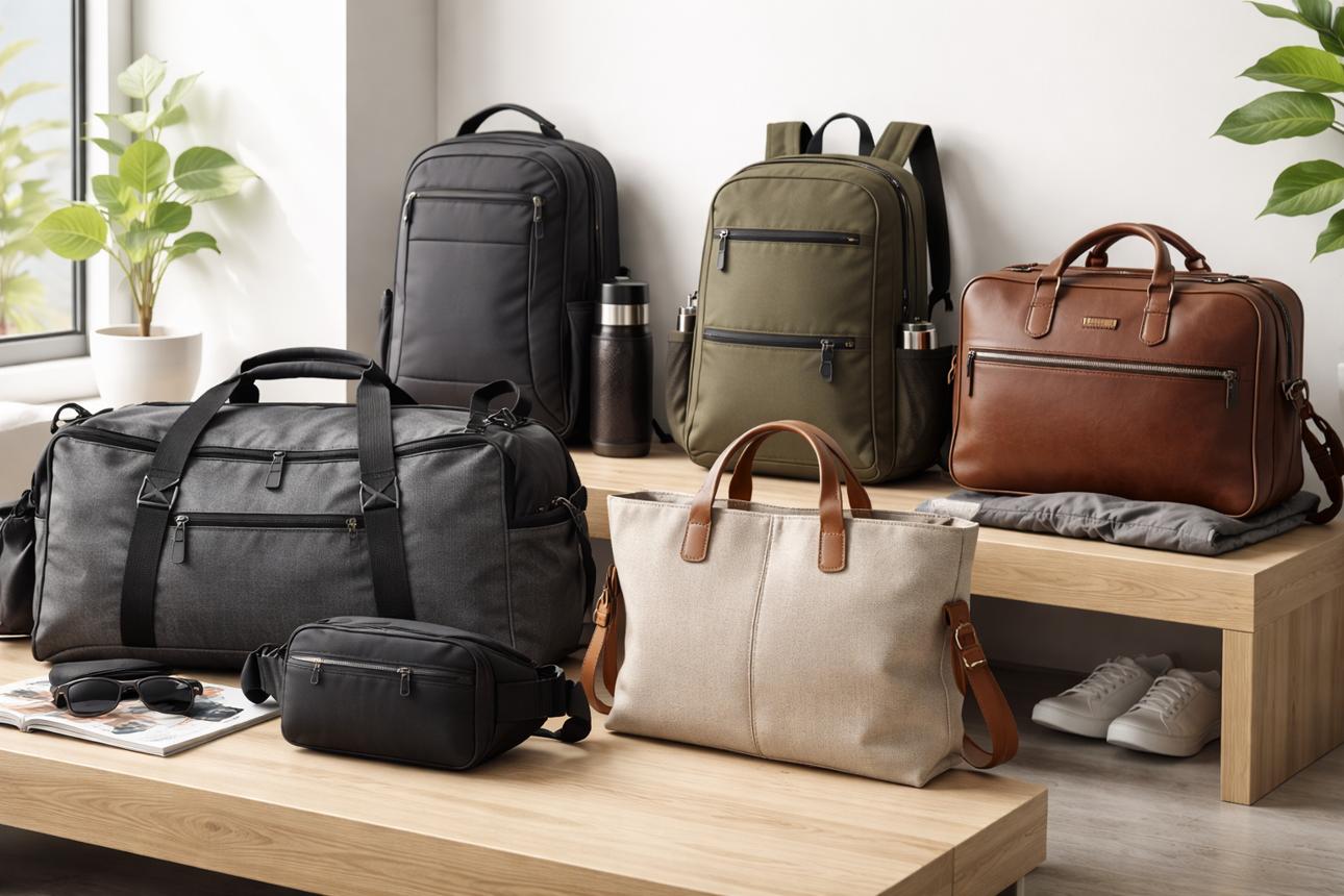 A collection of different men bag styles on a clean, neutral background.