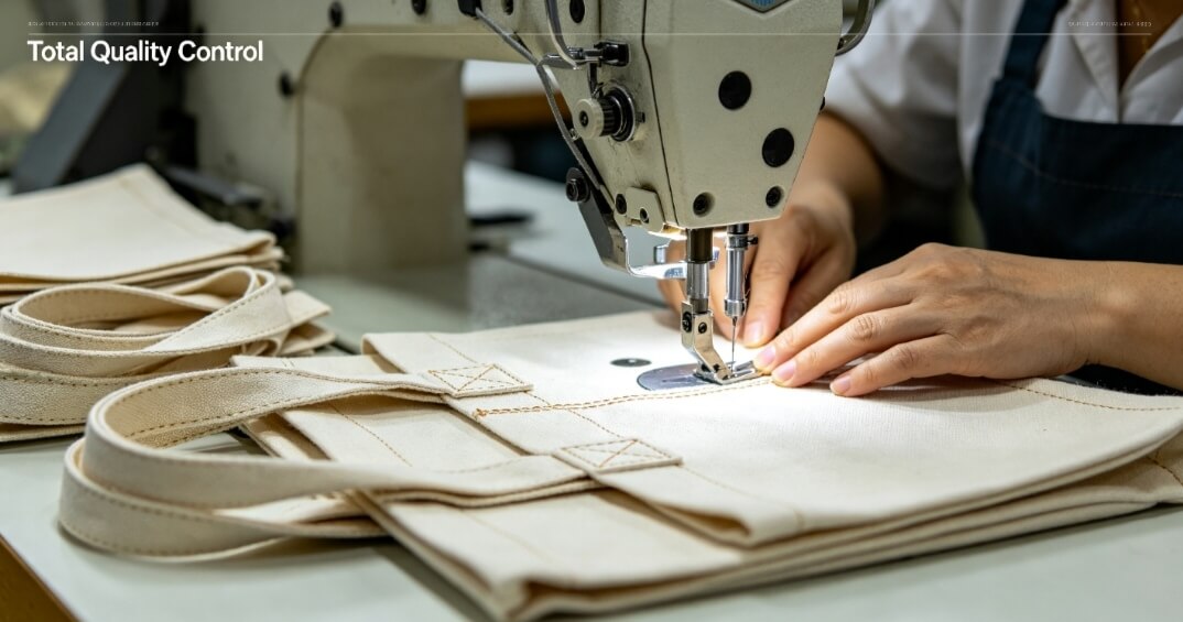 Factory sewing station carries out in-line quality inspection on canvas totes.
