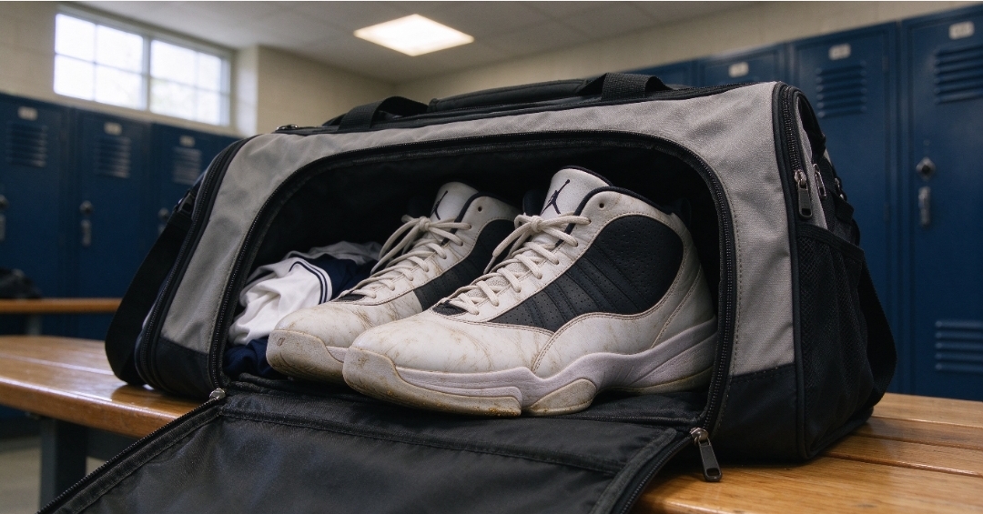 A sport bag sits on a locker‑room bench, its shoe compartment stuffed with well‑worn basketball shoes to show real‑world capacity limits.