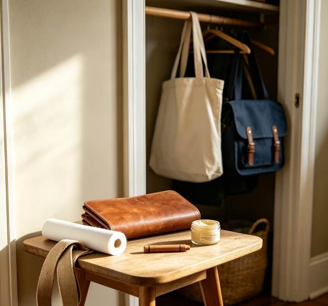 Sustainable purses: patinated brown leather wallet with natural care products on an entryway table