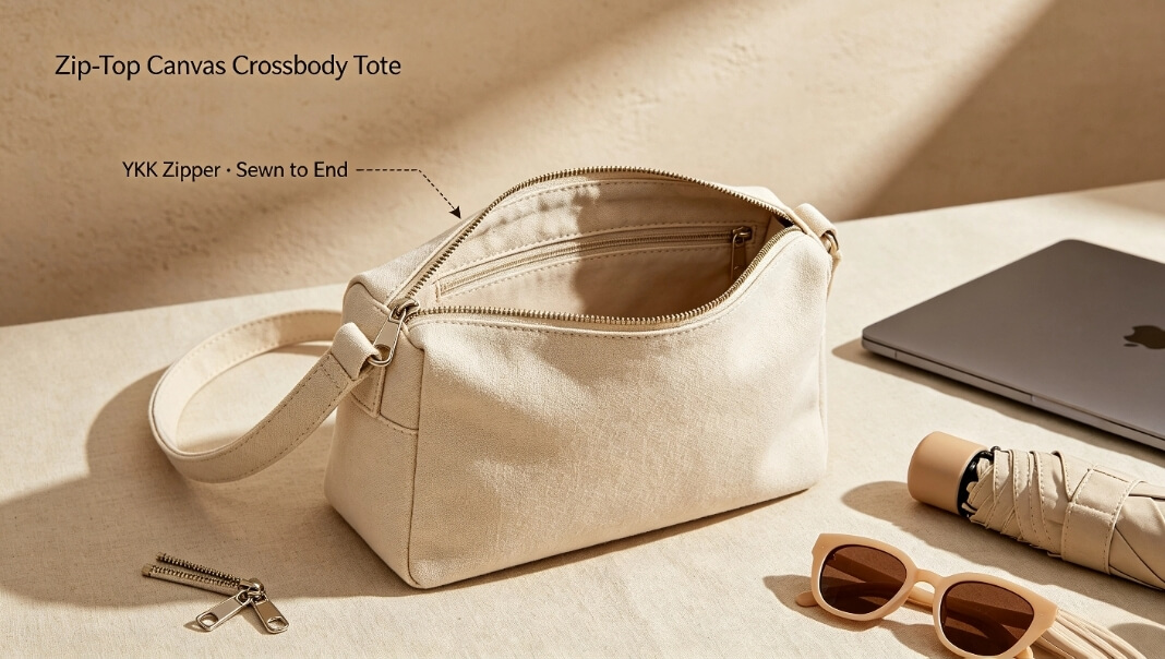 canvas bag crossbody tote with full length YKK zipper, natural oat canvas, lifestyle product shot