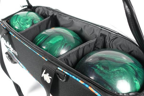 An open bowling bag with padded straps and molded ball cups.