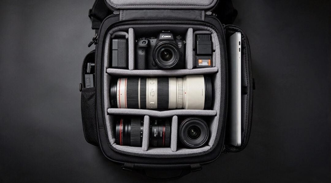 Spacious camera bags with customizable compartments for camera gear and 15-inch laptop