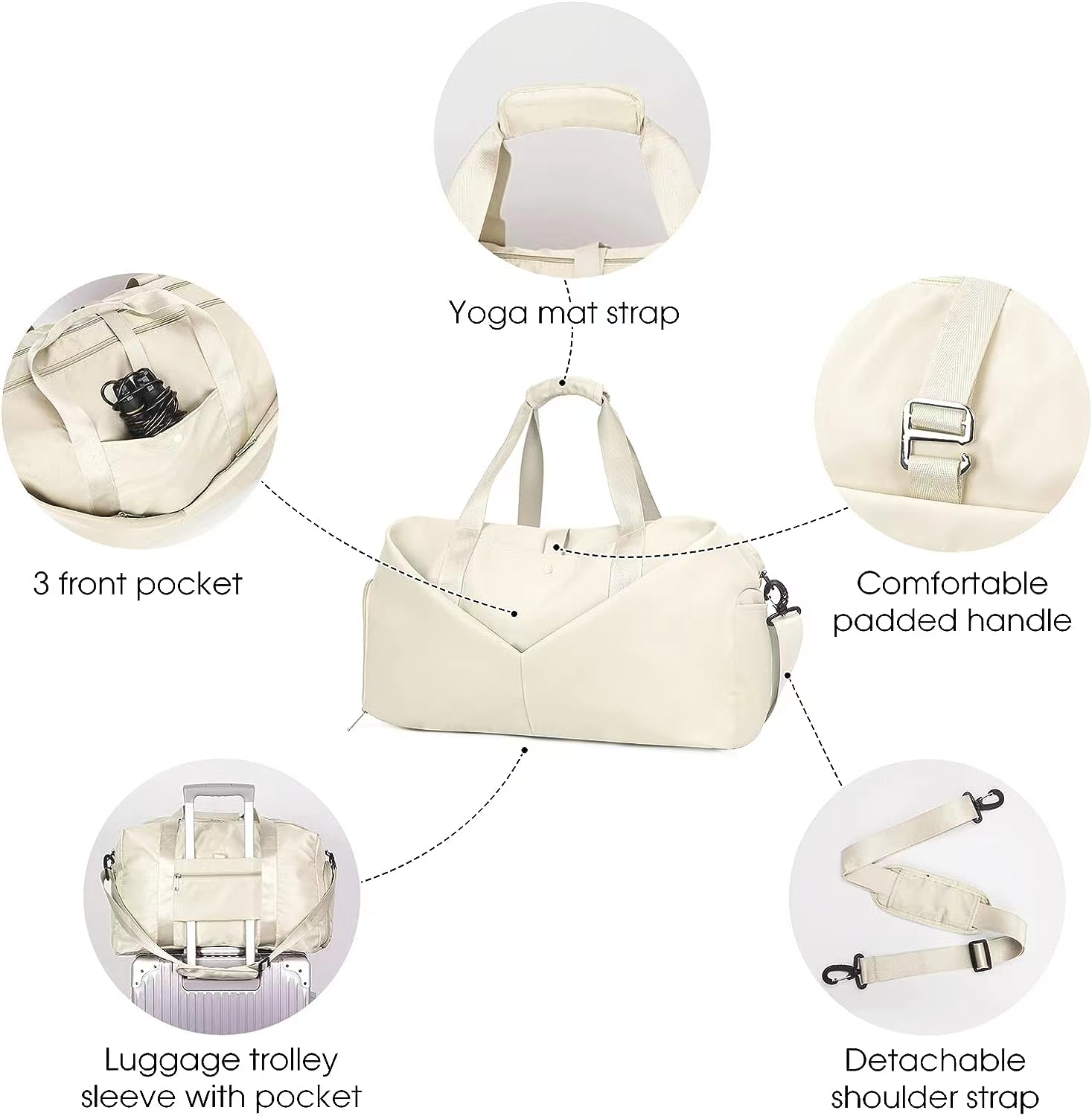 Discover the travel laundry bag features - this yoga bag boasts 3 front pockets for quick access to essentials like glasses, phone, and wallet