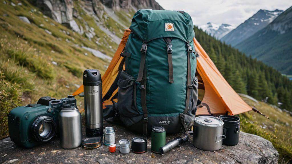 Compare backpacking sizes with a 40 to 45 liter hiking backpack and essential camping gear neatly arranged for a two night trip.