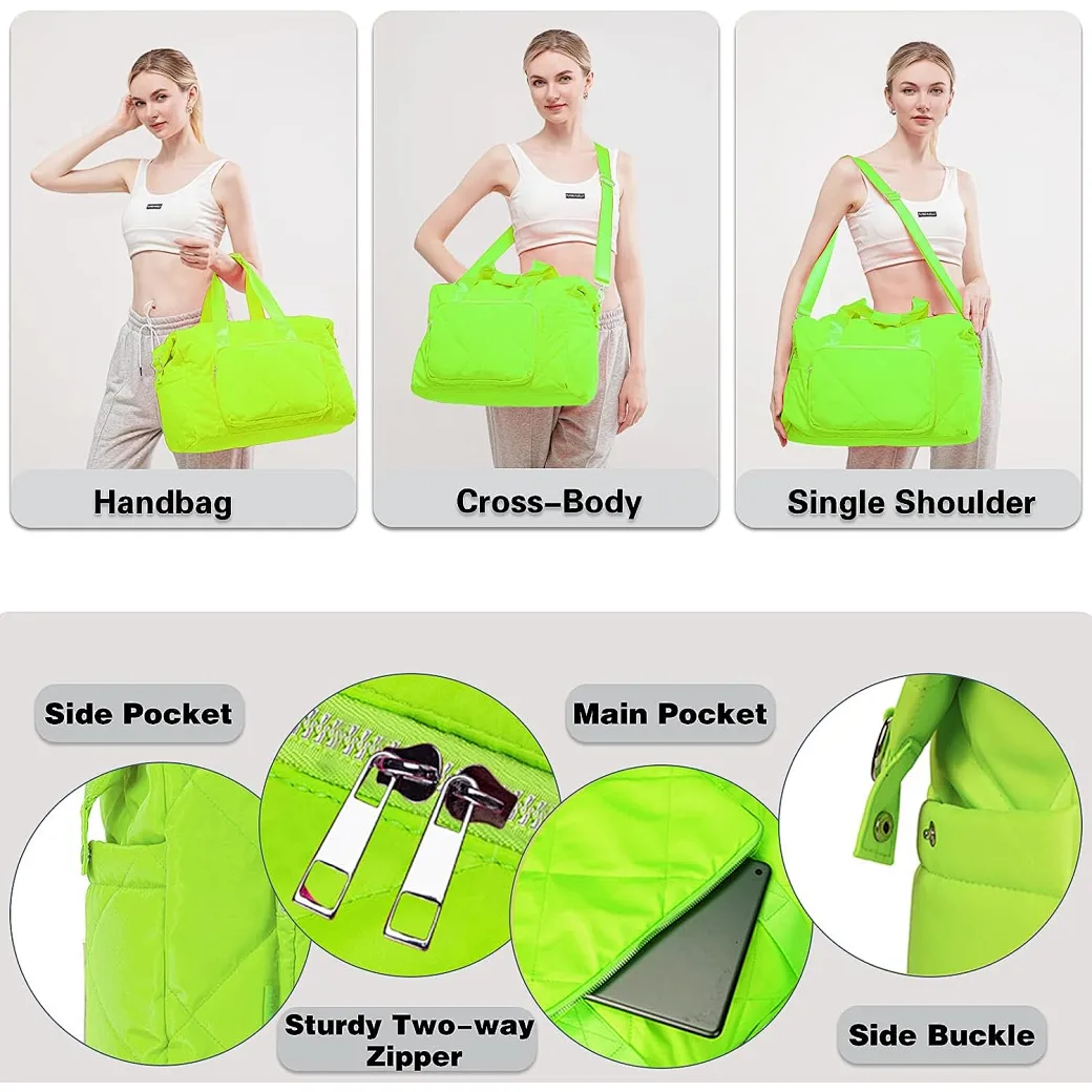 This gym tote bags for women measures 18.1x6.7x11.8 inches. There are three interior compartments, including a pocket for small items.