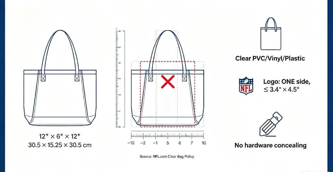 clear pvc tote bag NFL size guide, stadium clear bag policy infographic