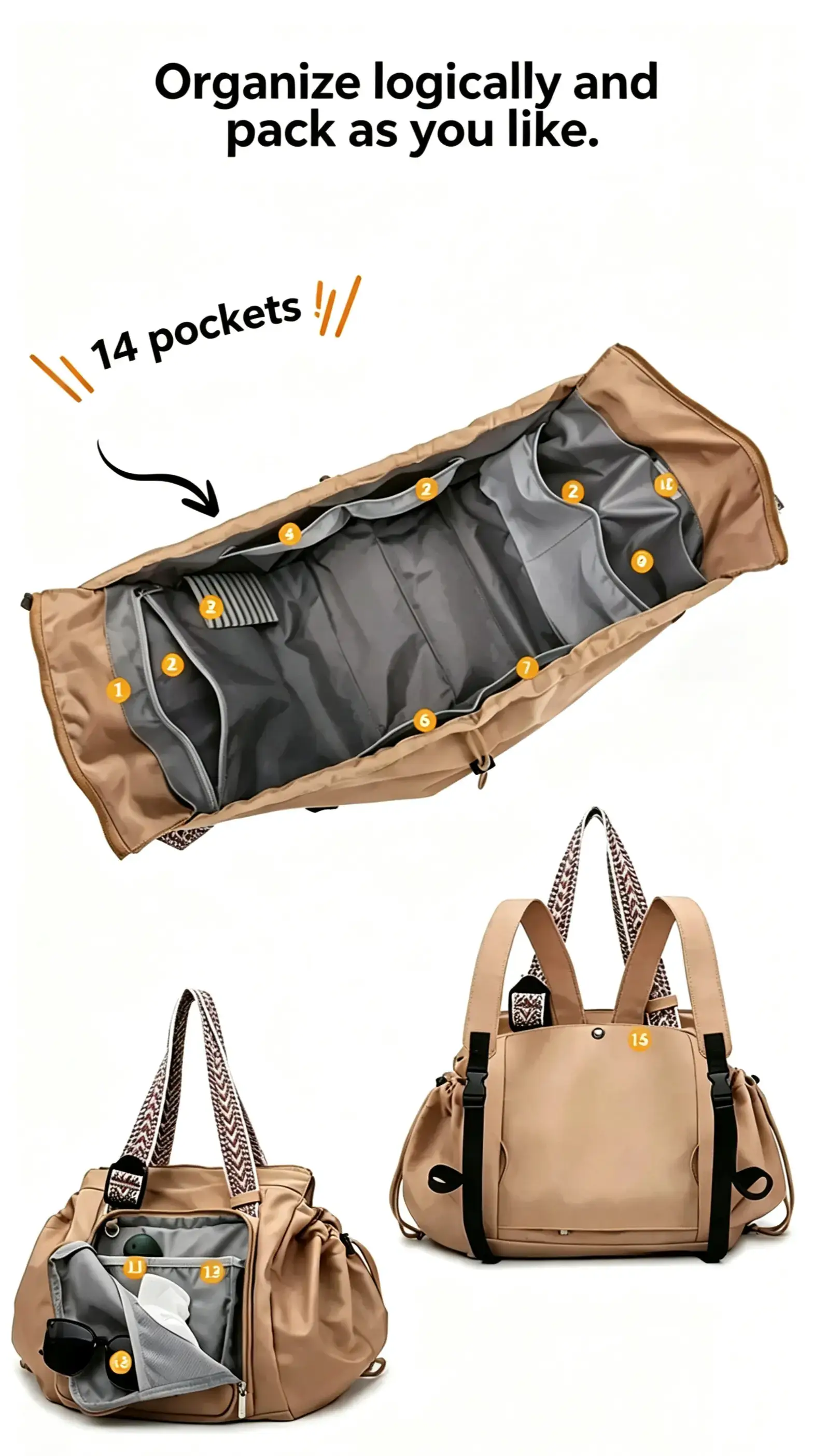 The image shows storage details such as 14 compartmentalized pockets, a separate water bottle holder, and a built-in key hook on the gray lining of the bag.