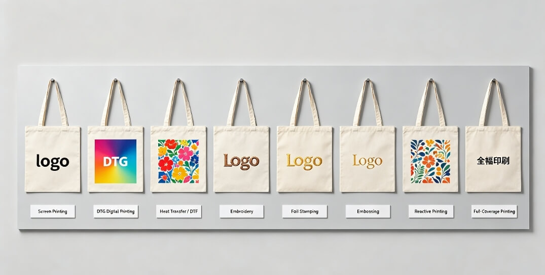 cotton bag logo sample wall, 8 different printing techniques for cotton bags