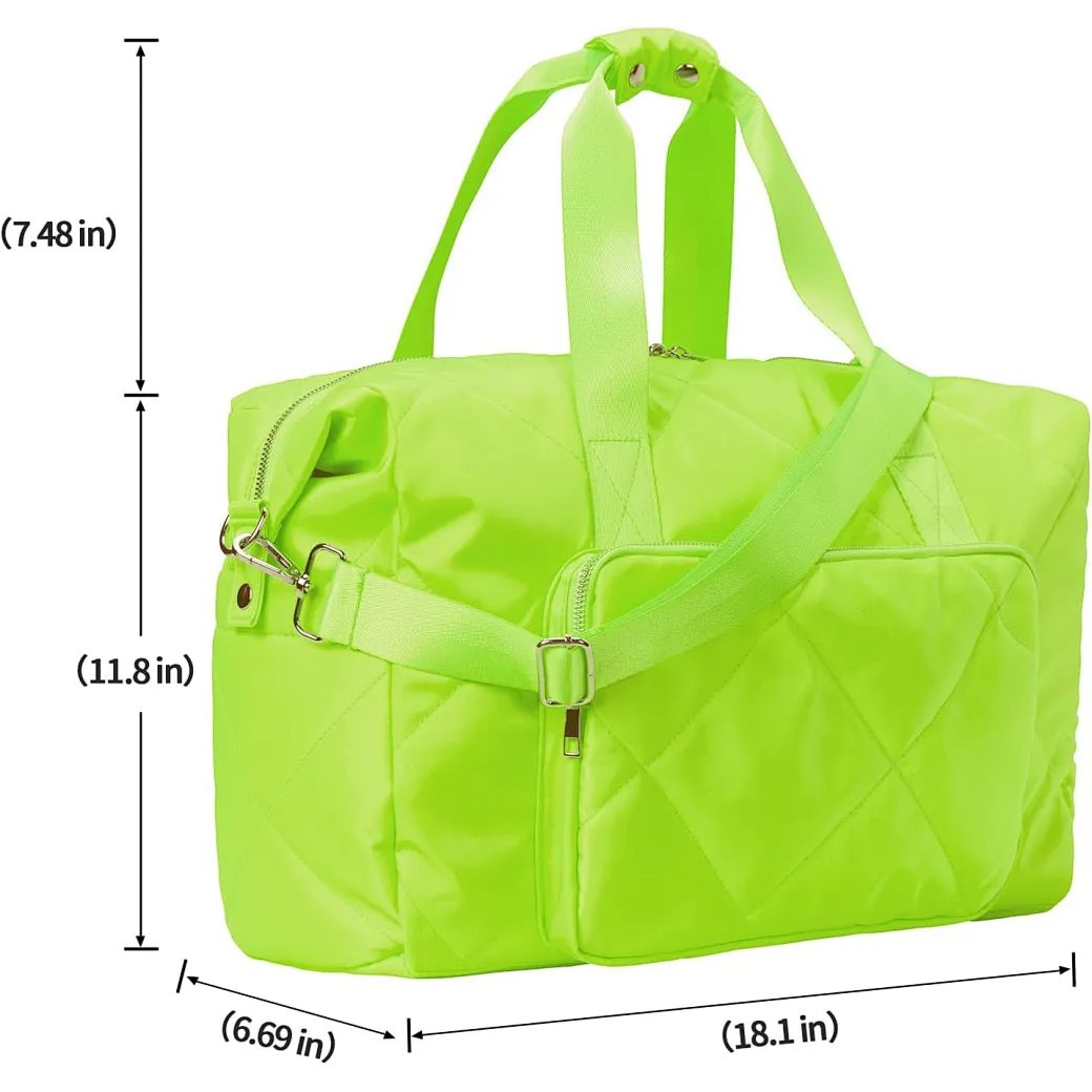 This gym tote bags for women measures 18.1x6.7x11.8 inches. There are three interior compartments, including a pocket for small items.