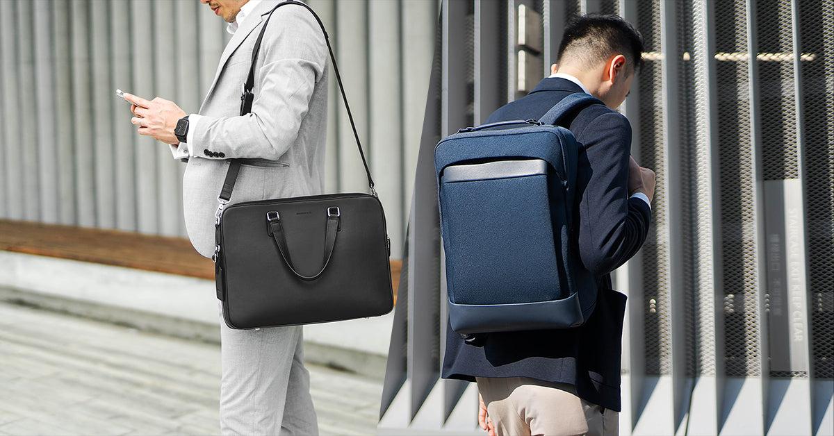 A leather briefcase and canvas tote styled with formal and casual outfits.