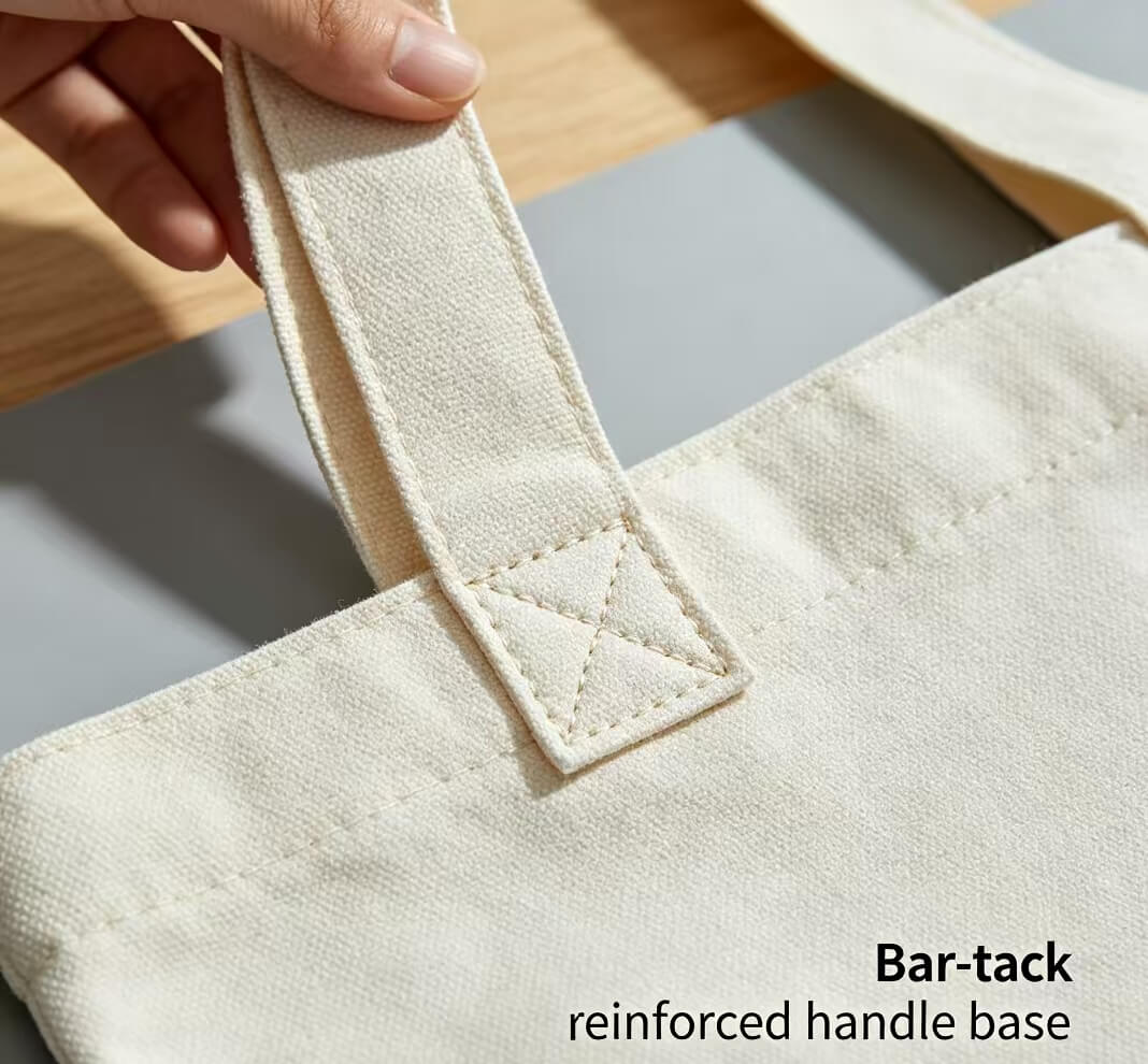 補強バータックハンドルのクローズアップ、堅牢な縫製でトートバッグ卸売（totes wholesale）の大量受注品質基準に適合